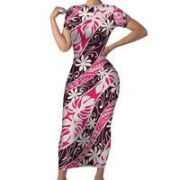 Tarona Tahiti Tiare Monstera Short Sleeve Bodycon Dress Polynesian Pattern Curve Style - Polynesian Pride