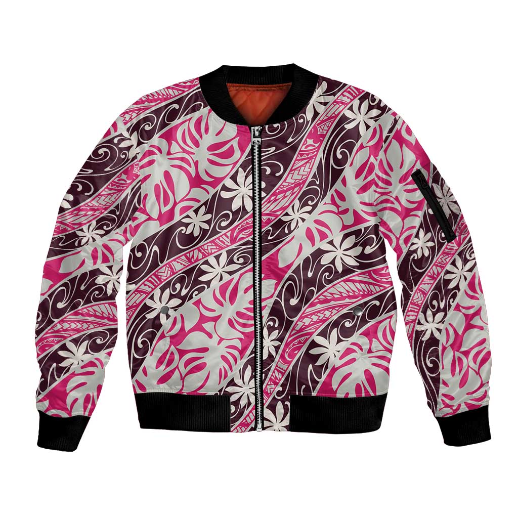Tarona Tahiti Tiare Monstera Sleeve Zip Bomber Jacket Polynesian Pattern Curve Style LT01 Unisex Pink - Polynesian Pride