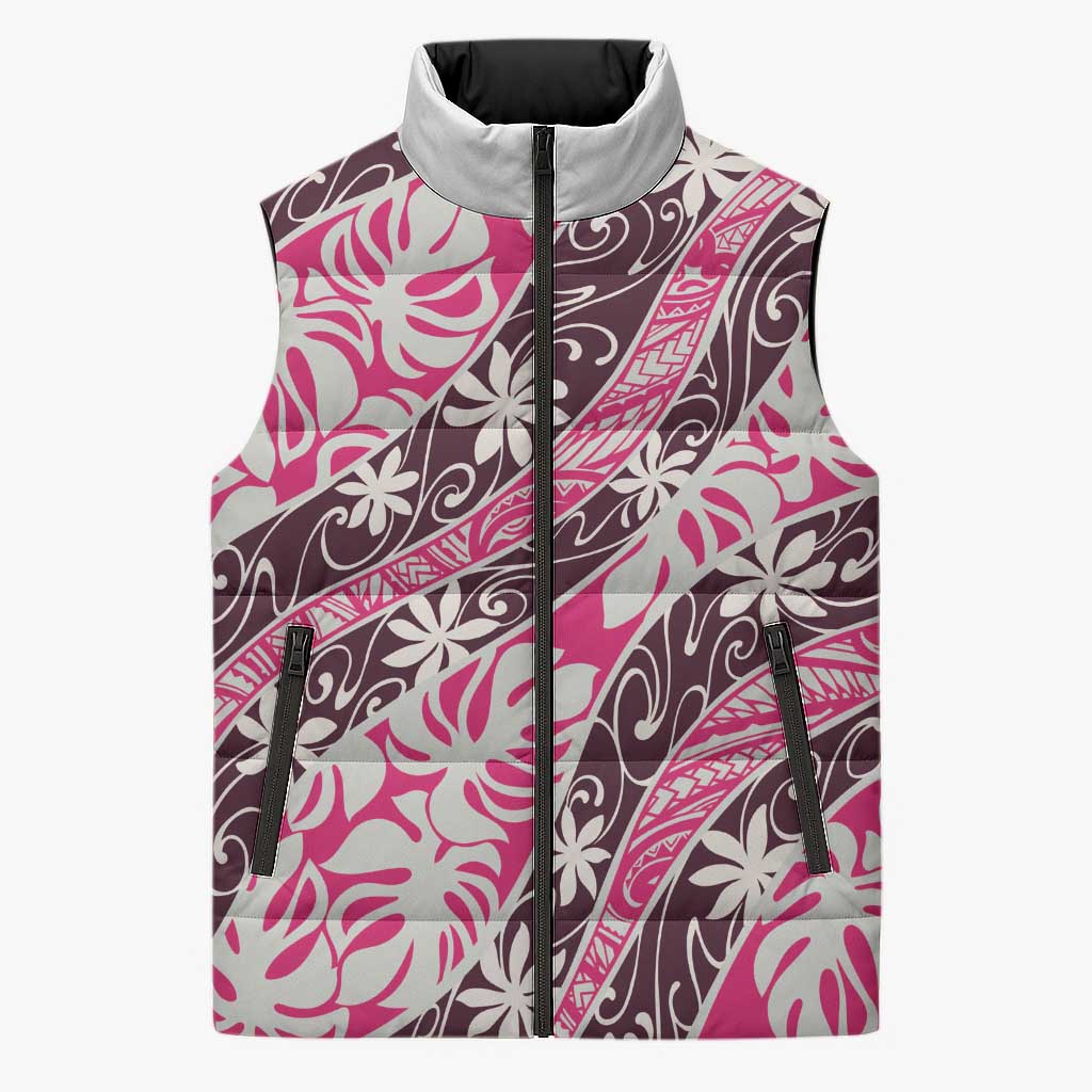 Tarona Tahiti Tiare Monstera Sleeveless Puffer Jacket Polynesian Pattern Curve Style LT01 Unisex Pink - Polynesian Pride