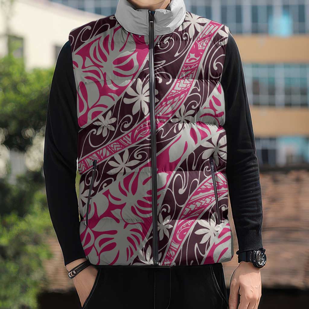 Tarona Tahiti Tiare Monstera Sleeveless Puffer Jacket Polynesian Pattern Curve Style LT01 - Polynesian Pride
