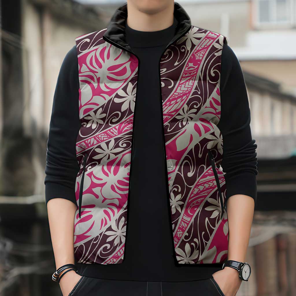 Tarona Tahiti Tiare Monstera Sleeveless Puffer Jacket Polynesian Pattern Curve Style LT01 - Polynesian Pride