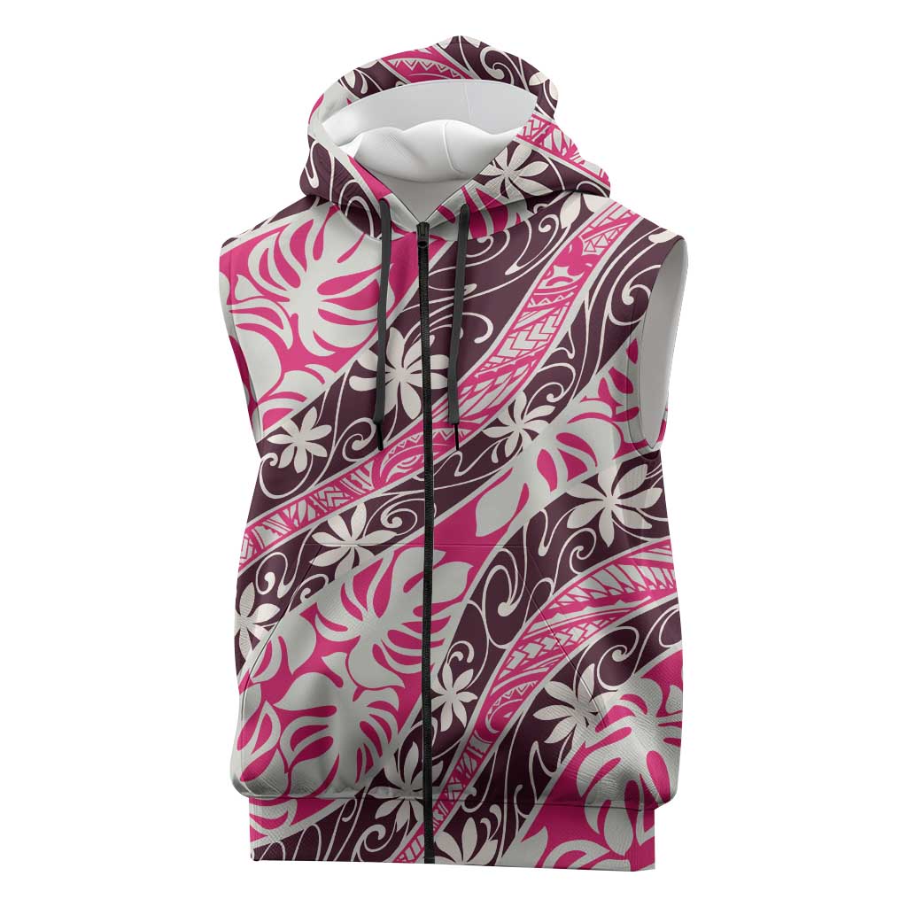 Tarona Tahiti Tiare Monstera Sleeveless Zip Hoodie Polynesian Pattern Curve Style LT01 Pink - Polynesian Pride