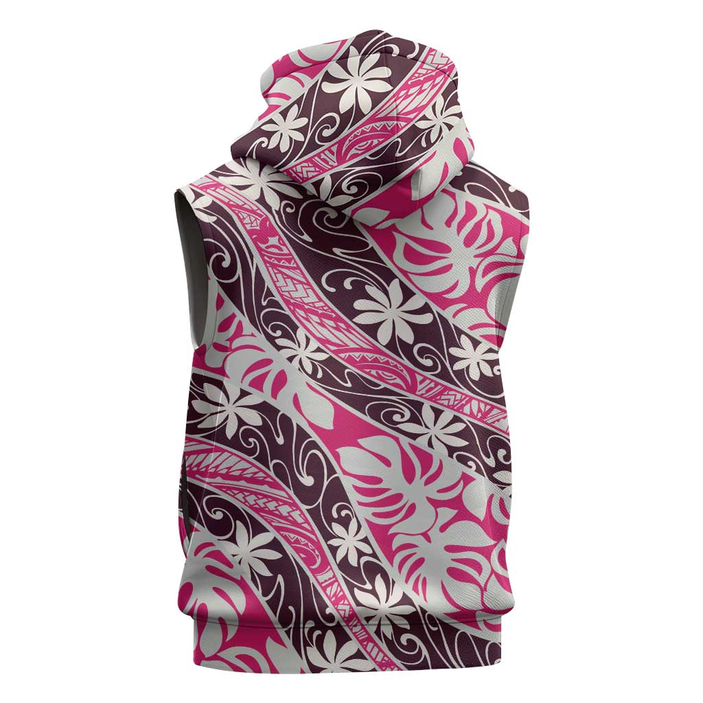 Tarona Tahiti Tiare Monstera Sleeveless Zip Hoodie Polynesian Pattern Curve Style - Polynesian Pride