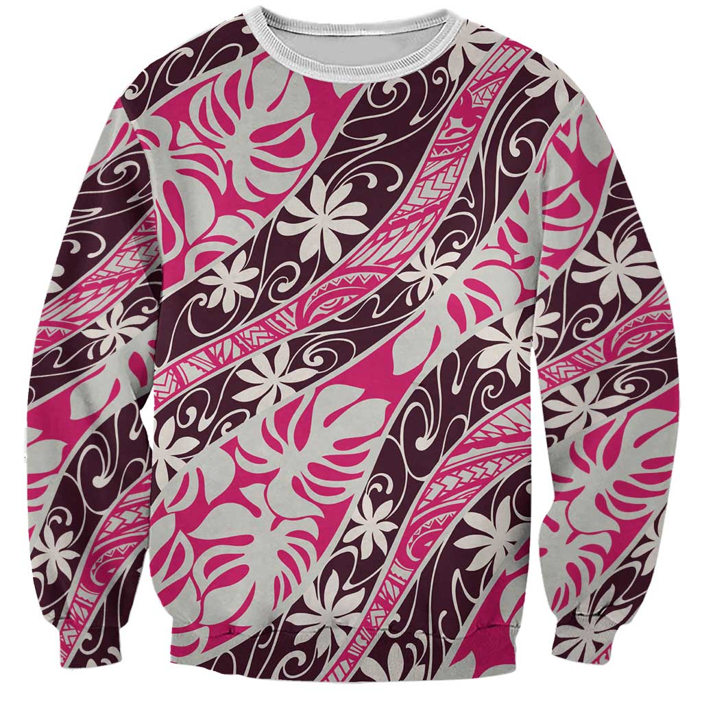 Tarona Tahiti Tiare Monstera Sweatshirt Polynesian Pattern Curve Style LT01 Unisex Pink - Polynesian Pride