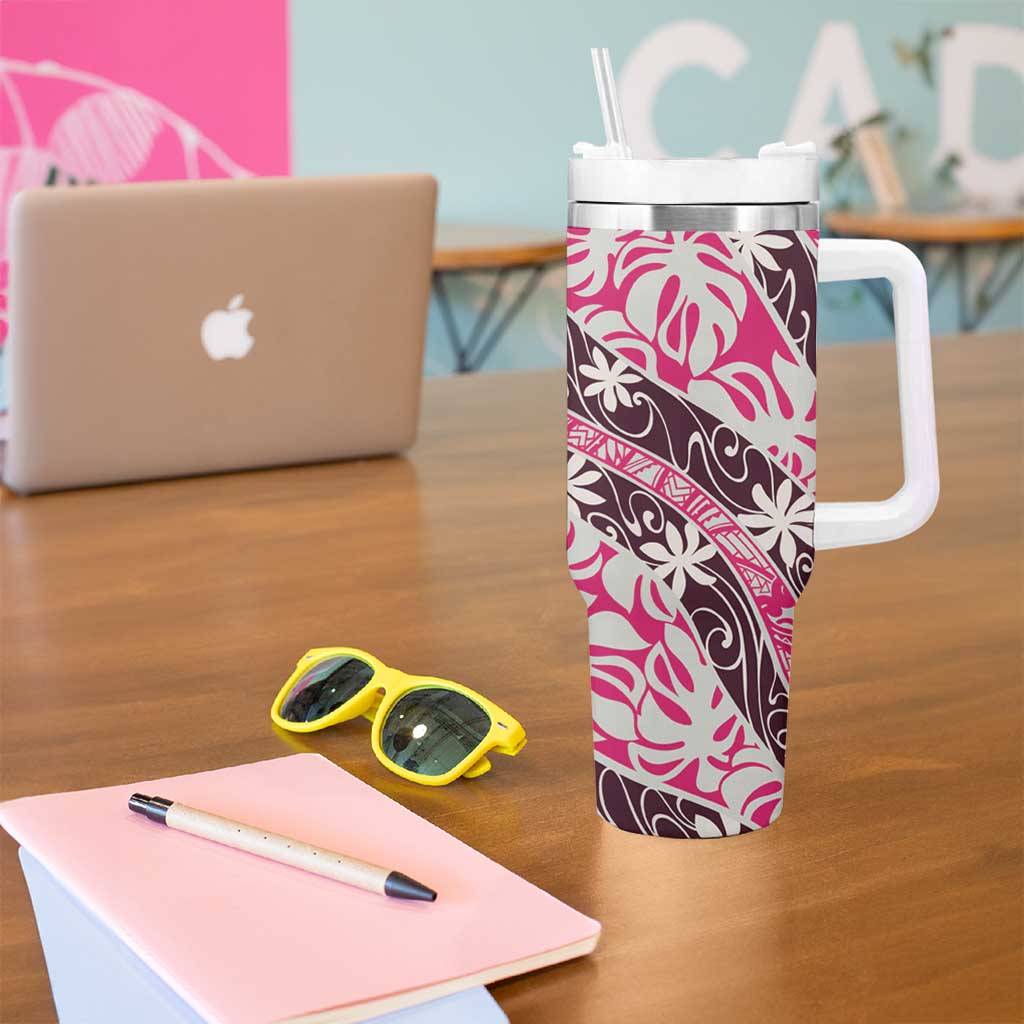 Tarona Tahiti Tiare Monstera Tumbler With Handle Polynesian Pattern Curve Style - Polynesian Pride
