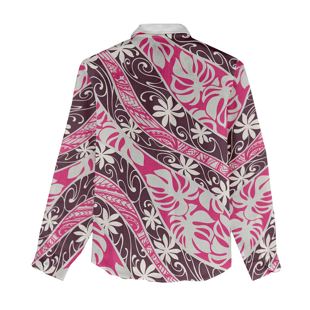 Tarona Tahiti Tiare Monstera Women Casual Shirt Polynesian Pattern Curve Style - Polynesian Pride