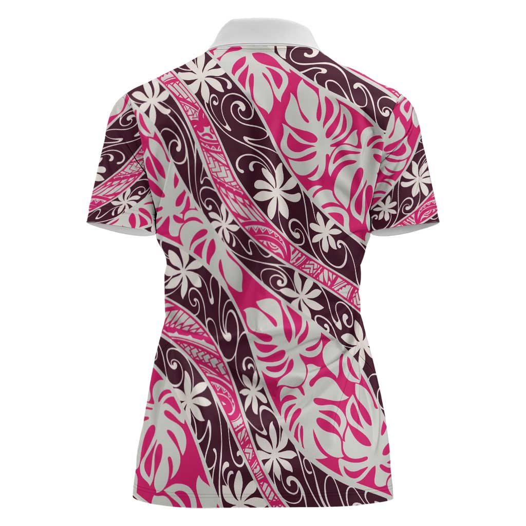 Tarona Tahiti Tiare Monstera Women Polo Shirt Polynesian Pattern Curve Style - Polynesian Pride