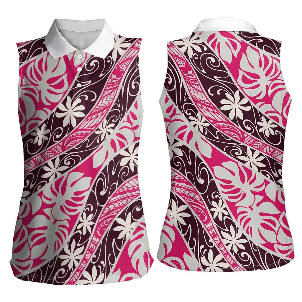 Tarona Tahiti Tiare Monstera Women Sleeveless Polo Shirt Polynesian Pattern Curve Style - Polynesian Pride