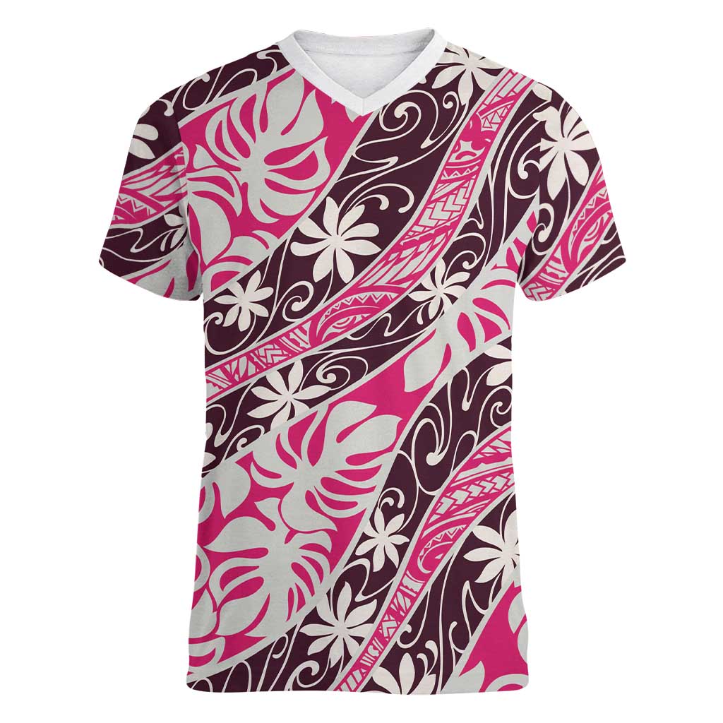Tarona Tahiti Tiare Monstera Women V-Neck T-Shirt Polynesian Pattern Curve Style - Polynesian Pride