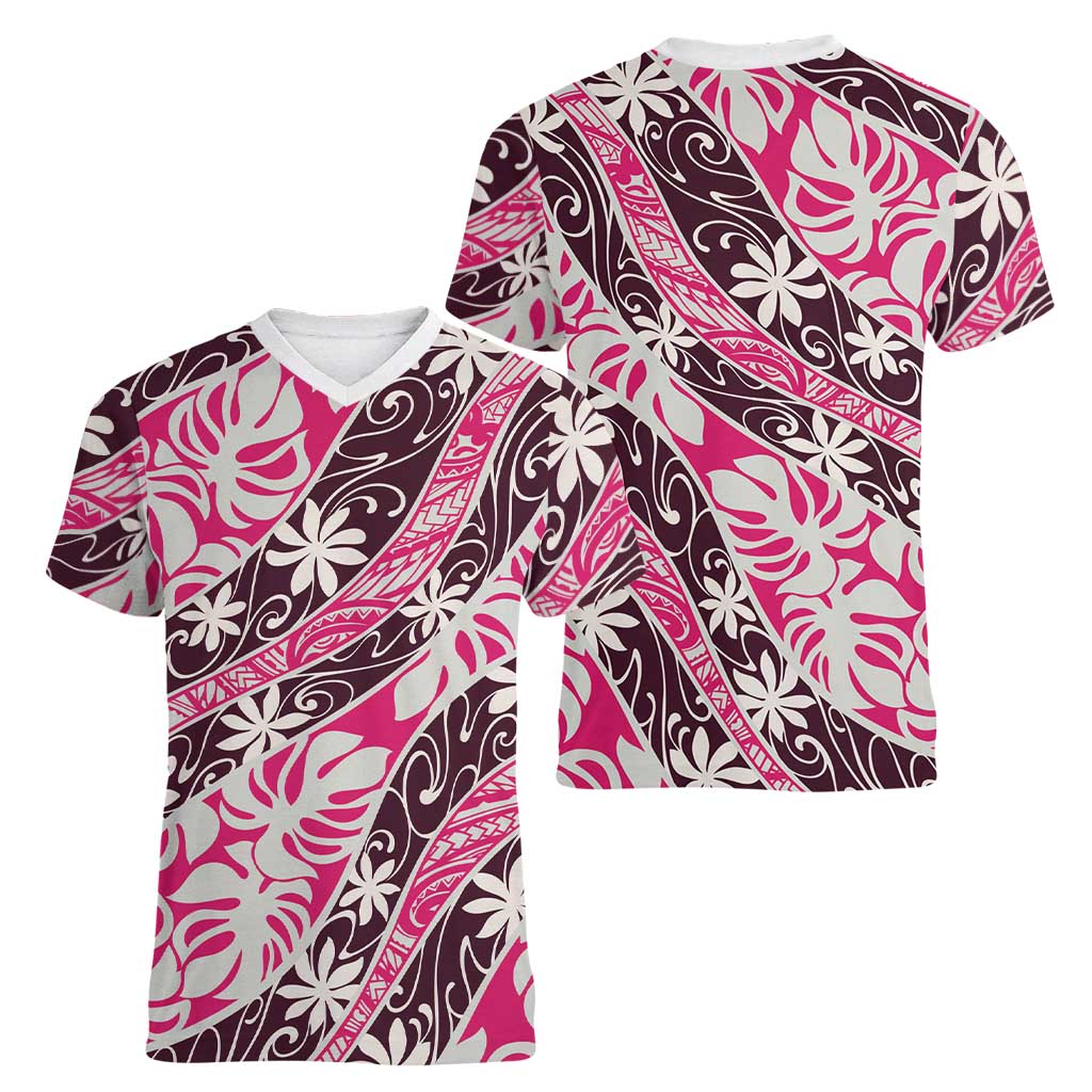 Tarona Tahiti Tiare Monstera Women V-Neck T-Shirt Polynesian Pattern Curve Style - Polynesian Pride