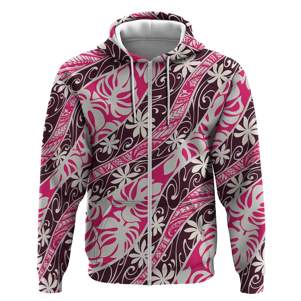 Tarona Tahiti Tiare Monstera Zip Hoodie Polynesian Pattern Curve Style - Polynesian Pride