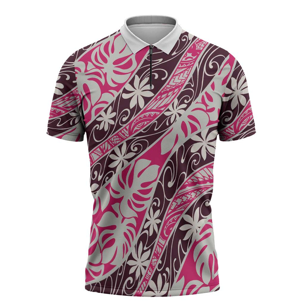 Tarona Tahiti Tiare Monstera Zipper Polo Shirt Polynesian Pattern Curve Style - Polynesian Pride