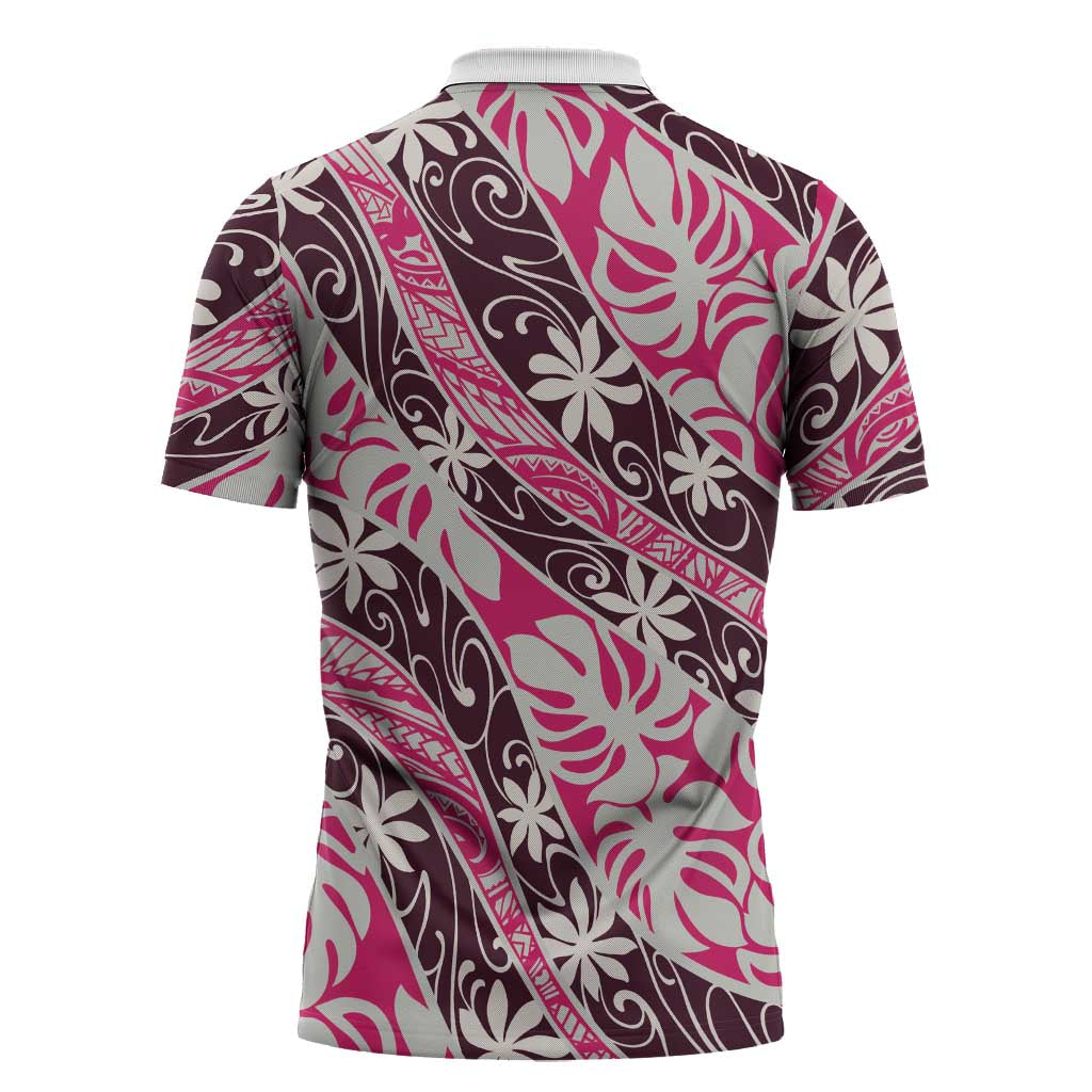 Tarona Tahiti Tiare Monstera Zipper Polo Shirt Polynesian Pattern Curve Style - Polynesian Pride