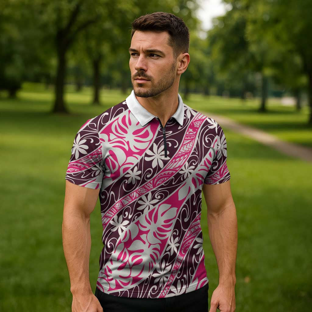 Tarona Tahiti Tiare Monstera Zipper Polo Shirt Polynesian Pattern Curve Style - Polynesian Pride
