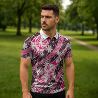 Tarona Tahiti Tiare Monstera Zipper Polo Shirt Polynesian Pattern Curve Style - Polynesian Pride