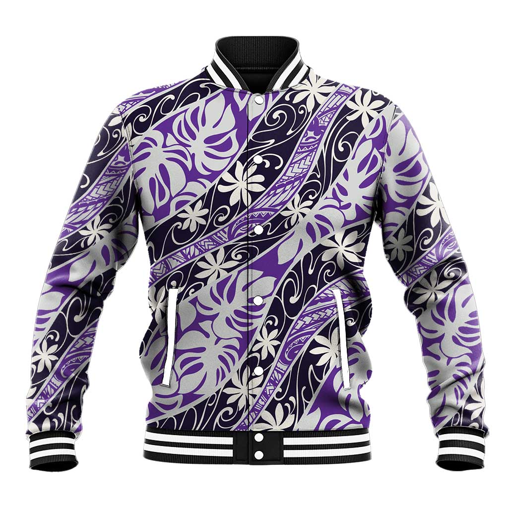 Vareau Tahiti Tiare Monstera Baseball Jacket Polynesian Pattern Curve Style LT01 Unisex Purple - Polynesian Pride
