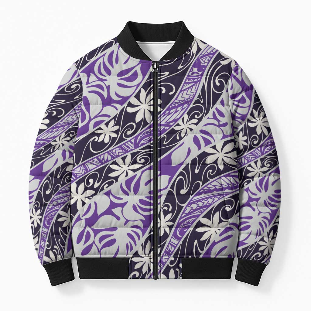 Vareau Tahiti Tiare Monstera Bomber Puffer Jacket Polynesian Pattern Curve Style LT01 Unisex Purple - Polynesian Pride