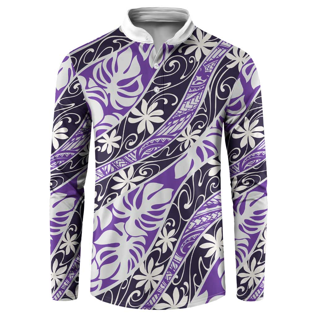 Vareau Tahiti Tiare Monstera Button Sweatshirt Polynesian Pattern Curve Style LT01 Purple - Polynesian Pride