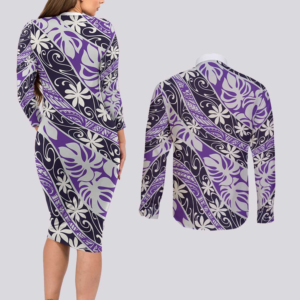 Vareau Tahiti Tiare Monstera Couples Matching Long Sleeve Bodycon Dress and Long Sleeve Button Shirt Polynesian Pattern Curve Style LT01 - Polynesian Pride