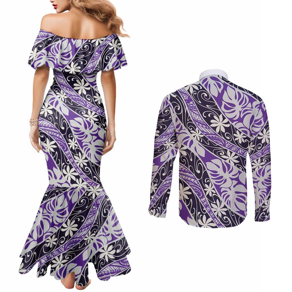 Vareau Tahiti Tiare Monstera Couples Matching Mermaid Dress and Long Sleeve Button Shirt Polynesian Pattern Curve Style - Polynesian Pride
