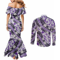 Vareau Tahiti Tiare Monstera Couples Matching Mermaid Dress and Long Sleeve Button Shirt Polynesian Pattern Curve Style - Polynesian Pride