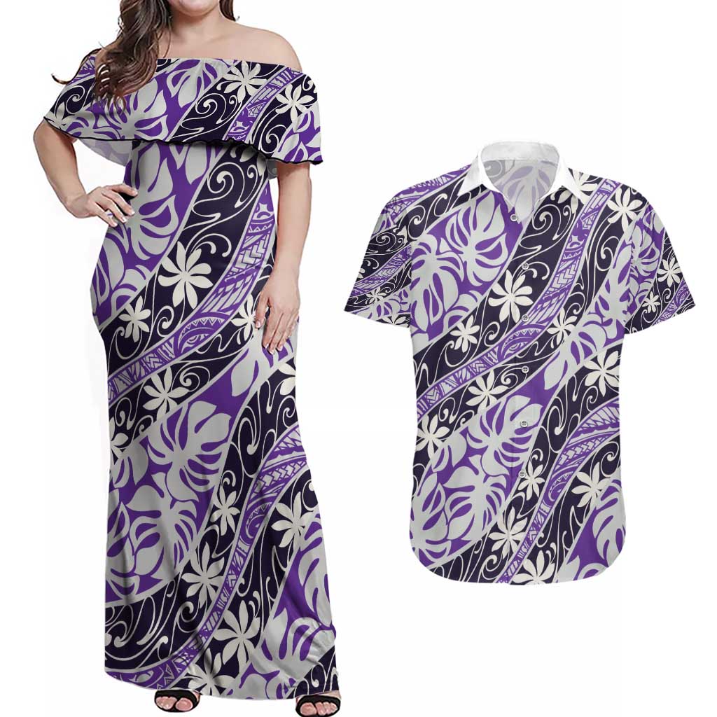 Vareau Tahiti Tiare Monstera Couples Matching Off Shoulder Maxi Dress and Hawaiian Shirt Polynesian Pattern Curve Style - Polynesian Pride