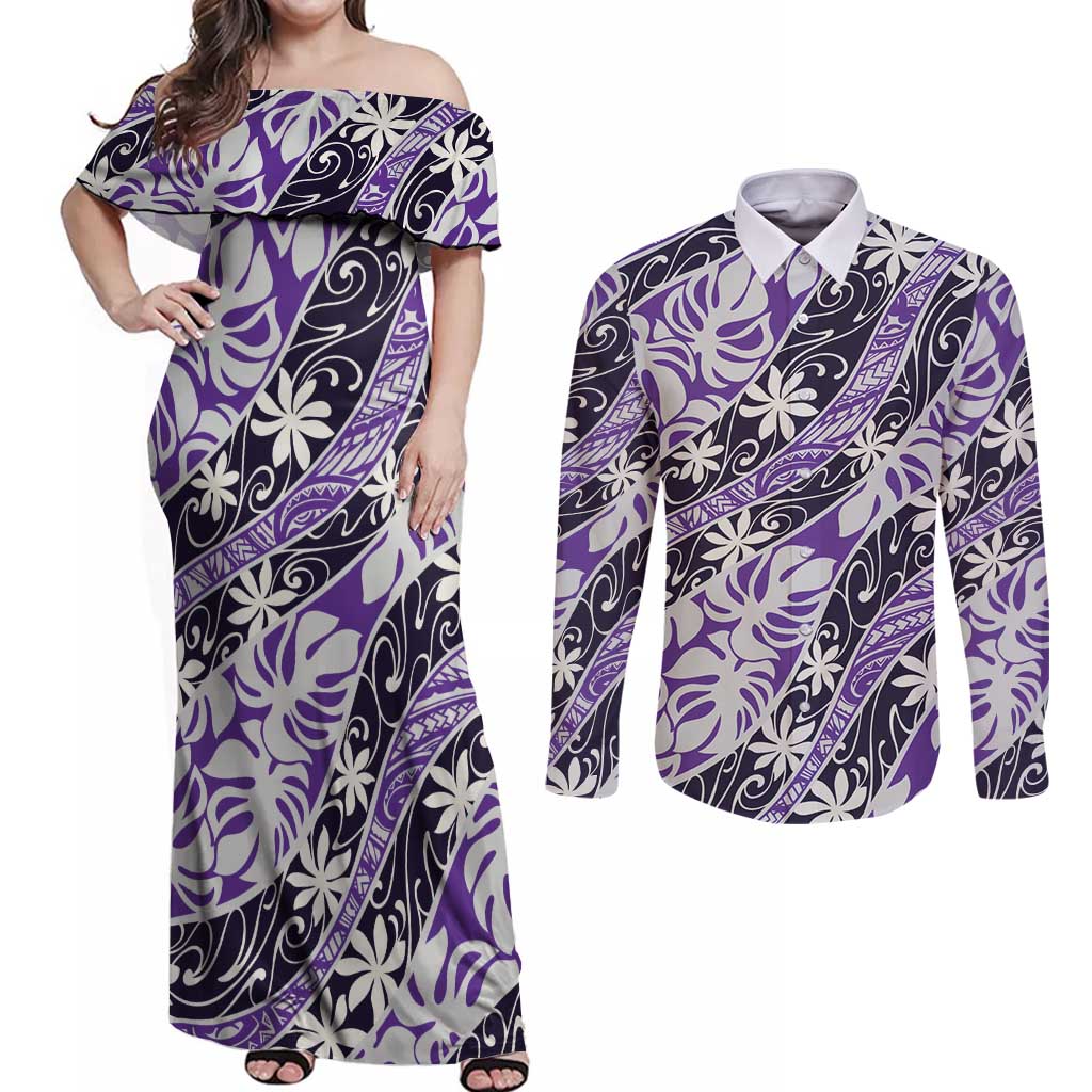 Vareau Tahiti Tiare Monstera Couples Matching Off Shoulder Maxi Dress and Long Sleeve Button Shirt Polynesian Pattern Curve Style LT01 Purple - Polynesian Pride