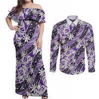 Vareau Tahiti Tiare Monstera Couples Matching Off Shoulder Maxi Dress and Long Sleeve Button Shirt Polynesian Pattern Curve Style LT01 Purple - Polynesian Pride