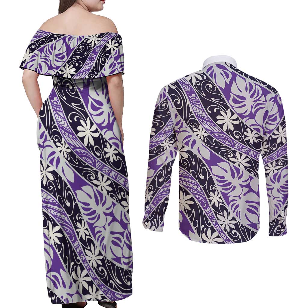 Vareau Tahiti Tiare Monstera Couples Matching Off Shoulder Maxi Dress and Long Sleeve Button Shirt Polynesian Pattern Curve Style LT01 - Polynesian Pride