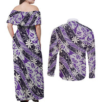 Vareau Tahiti Tiare Monstera Couples Matching Off Shoulder Maxi Dress and Long Sleeve Button Shirt Polynesian Pattern Curve Style LT01 - Polynesian Pride