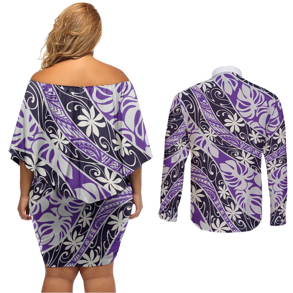 Vareau Tahiti Tiare Monstera Couples Matching Off Shoulder Short Dress and Long Sleeve Button Shirt Polynesian Pattern Curve Style LT01 - Polynesian Pride