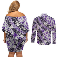 Vareau Tahiti Tiare Monstera Couples Matching Off Shoulder Short Dress and Long Sleeve Button Shirt Polynesian Pattern Curve Style LT01 - Polynesian Pride