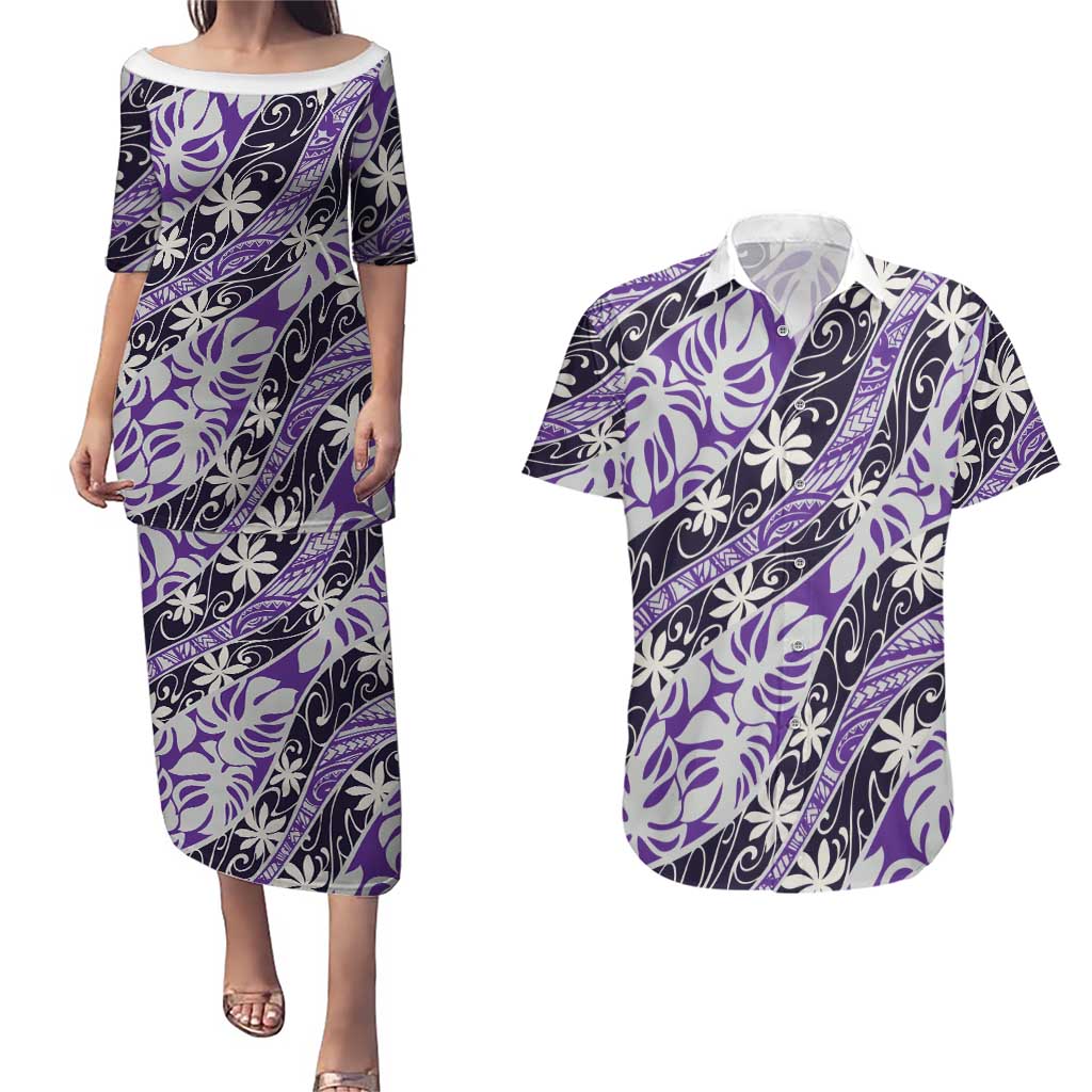 Vareau Tahiti Tiare Monstera Couples Matching Puletasi and Hawaiian Shirt Polynesian Pattern Curve Style LT01 Purple - Polynesian Pride