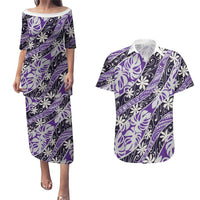 Vareau Tahiti Tiare Monstera Couples Matching Puletasi and Hawaiian Shirt Polynesian Pattern Curve Style LT01 Purple - Polynesian Pride