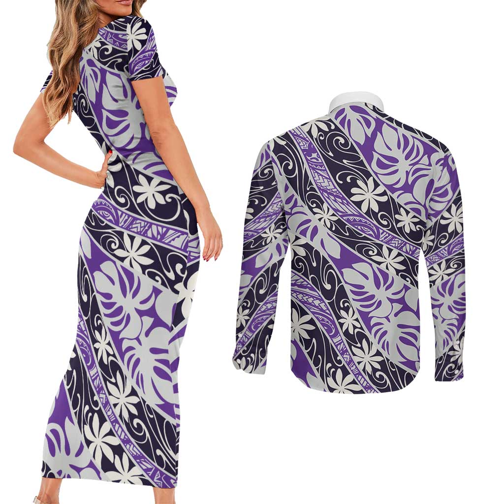 Vareau Tahiti Tiare Monstera Couples Matching Short Sleeve Bodycon Dress and Long Sleeve Button Shirt Polynesian Pattern Curve Style LT01 - Polynesian Pride