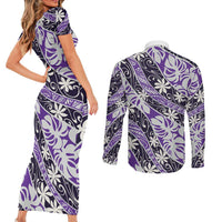 Vareau Tahiti Tiare Monstera Couples Matching Short Sleeve Bodycon Dress and Long Sleeve Button Shirt Polynesian Pattern Curve Style LT01 - Polynesian Pride