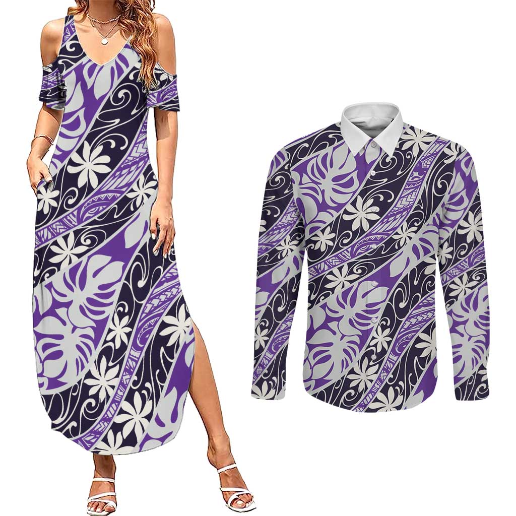 Vareau Tahiti Tiare Monstera Couples Matching Summer Maxi Dress and Long Sleeve Button Shirt Polynesian Pattern Curve Style LT01 Purple - Polynesian Pride