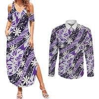 Vareau Tahiti Tiare Monstera Couples Matching Summer Maxi Dress and Long Sleeve Button Shirt Polynesian Pattern Curve Style LT01 Purple - Polynesian Pride