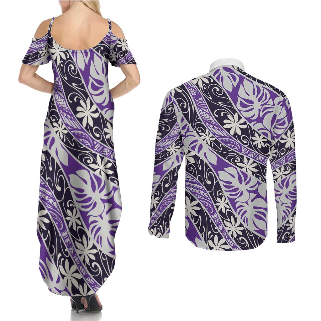 Vareau Tahiti Tiare Monstera Couples Matching Summer Maxi Dress and Long Sleeve Button Shirt Polynesian Pattern Curve Style LT01 - Polynesian Pride