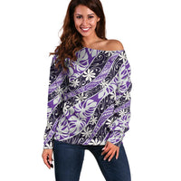 Vareau Tahiti Tiare Monstera Off Shoulder Sweater Polynesian Pattern Curve Style LT01 Women Purple - Polynesian Pride