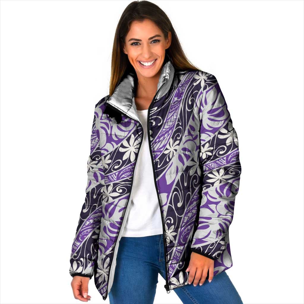 Vareau Tahiti Tiare Monstera Padded Jacket Polynesian Pattern Curve Style LT01 Women Purple - Polynesian Pride