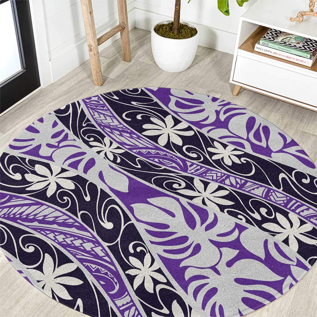 Vareau Tahiti Tiare Monstera Round Carpet Polynesian Pattern Curve Style LT01 Purple - Polynesian Pride