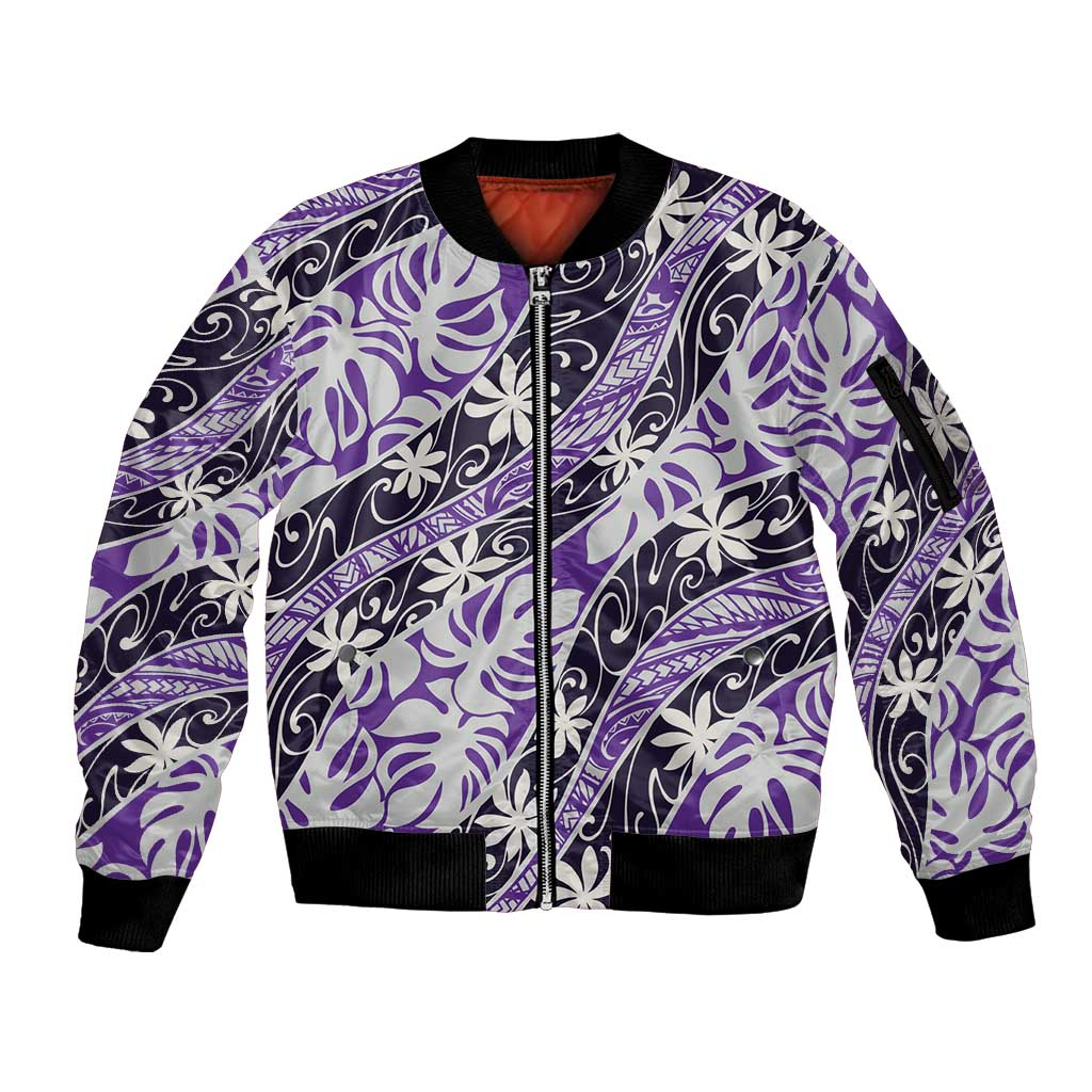 Vareau Tahiti Tiare Monstera Sleeve Zip Bomber Jacket Polynesian Pattern Curve Style LT01 Unisex Purple - Polynesian Pride