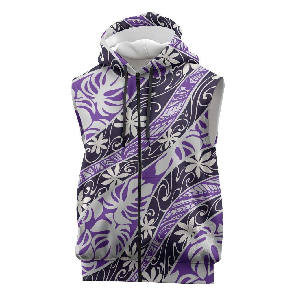 Vareau Tahiti Tiare Monstera Sleeveless Zip Hoodie Polynesian Pattern Curve Style LT01 Purple - Polynesian Pride