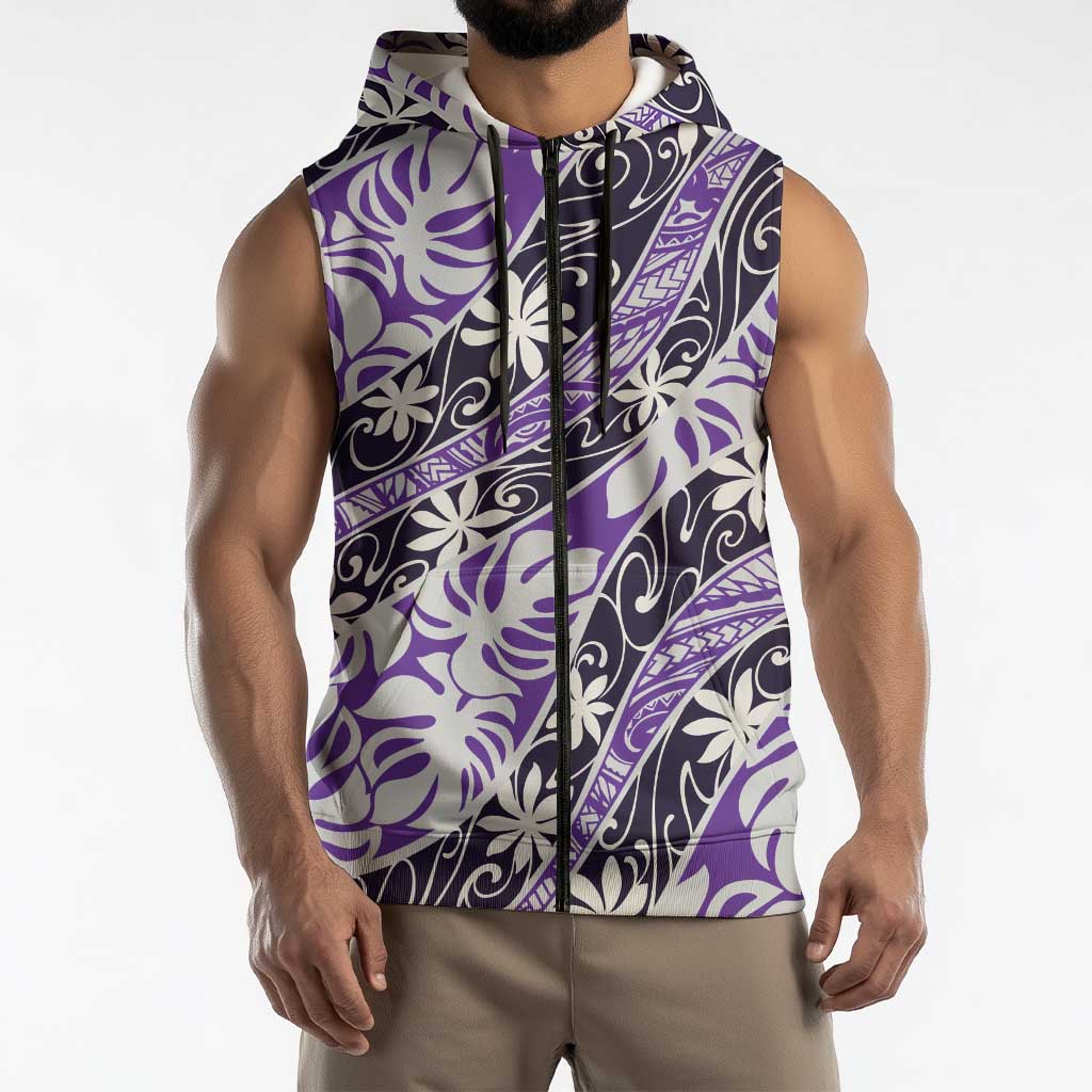 Vareau Tahiti Tiare Monstera Sleeveless Zip Hoodie Polynesian Pattern Curve Style LT01 - Polynesian Pride