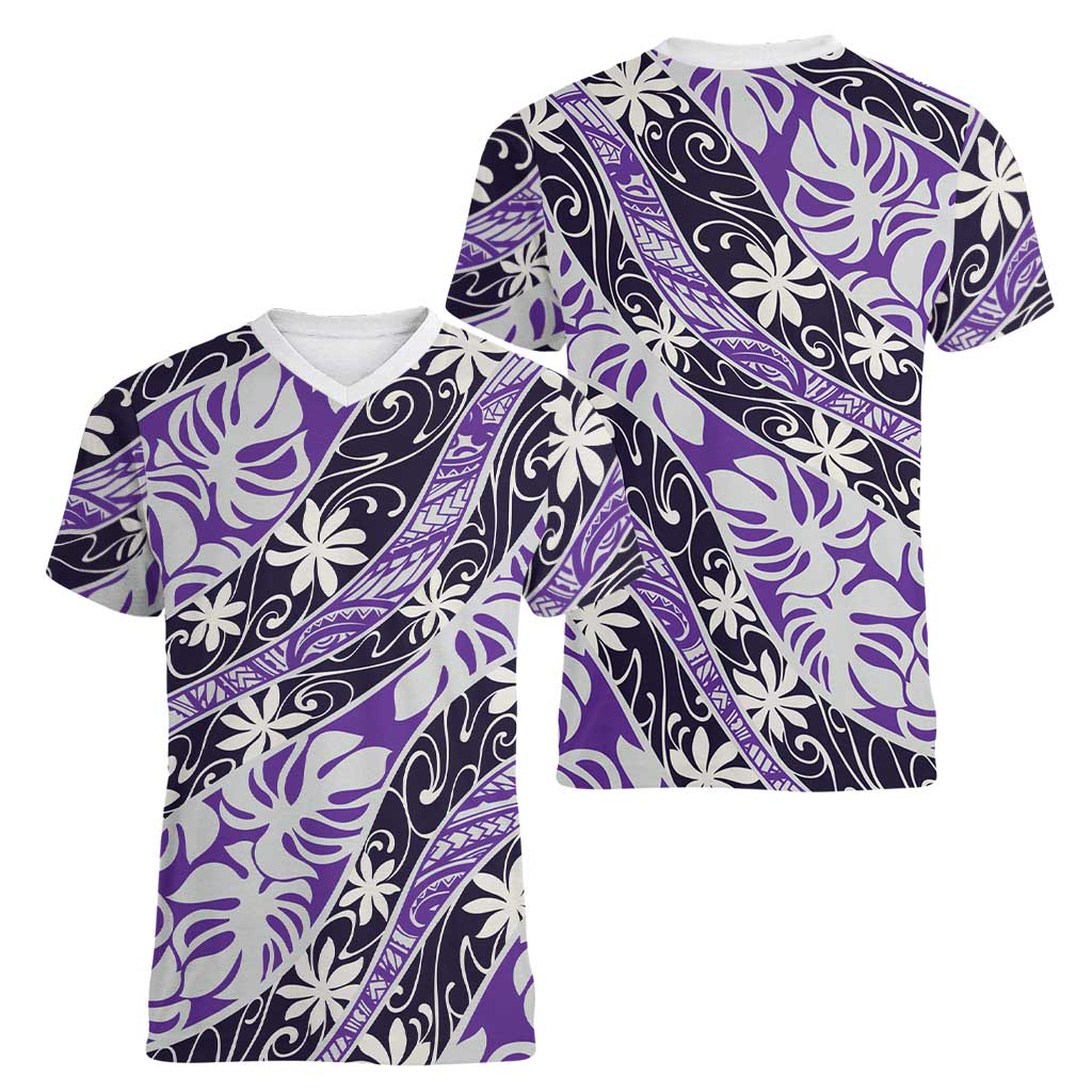 Vareau Tahiti Tiare Monstera Women V-Neck T-Shirt Polynesian Pattern Curve Style - Polynesian Pride