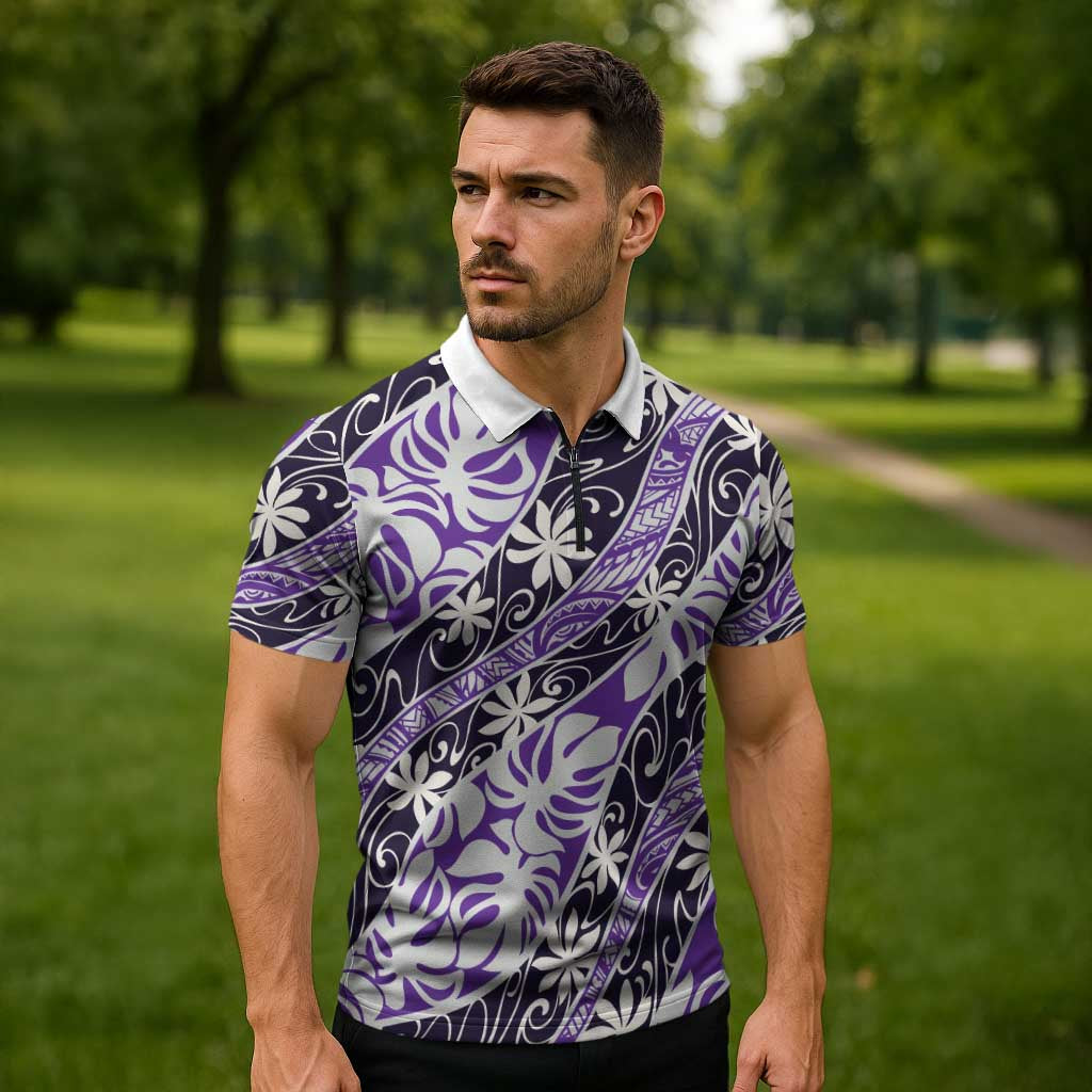 Vareau Tahiti Tiare Monstera Zipper Polo Shirt Polynesian Pattern Curve Style - Polynesian Pride