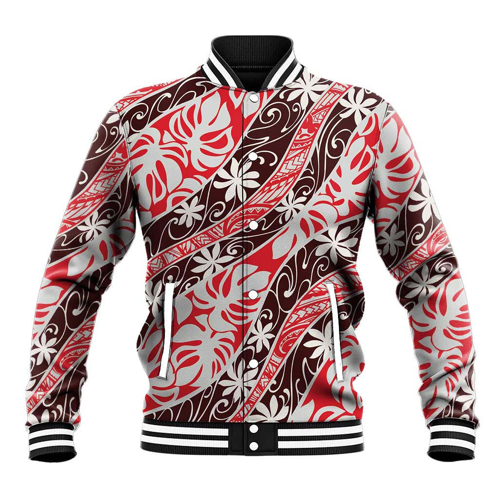 Uteute Tahiti Tiare Monstera Baseball Jacket Polynesian Pattern Curve Style LT01 Unisex Red - Polynesian Pride