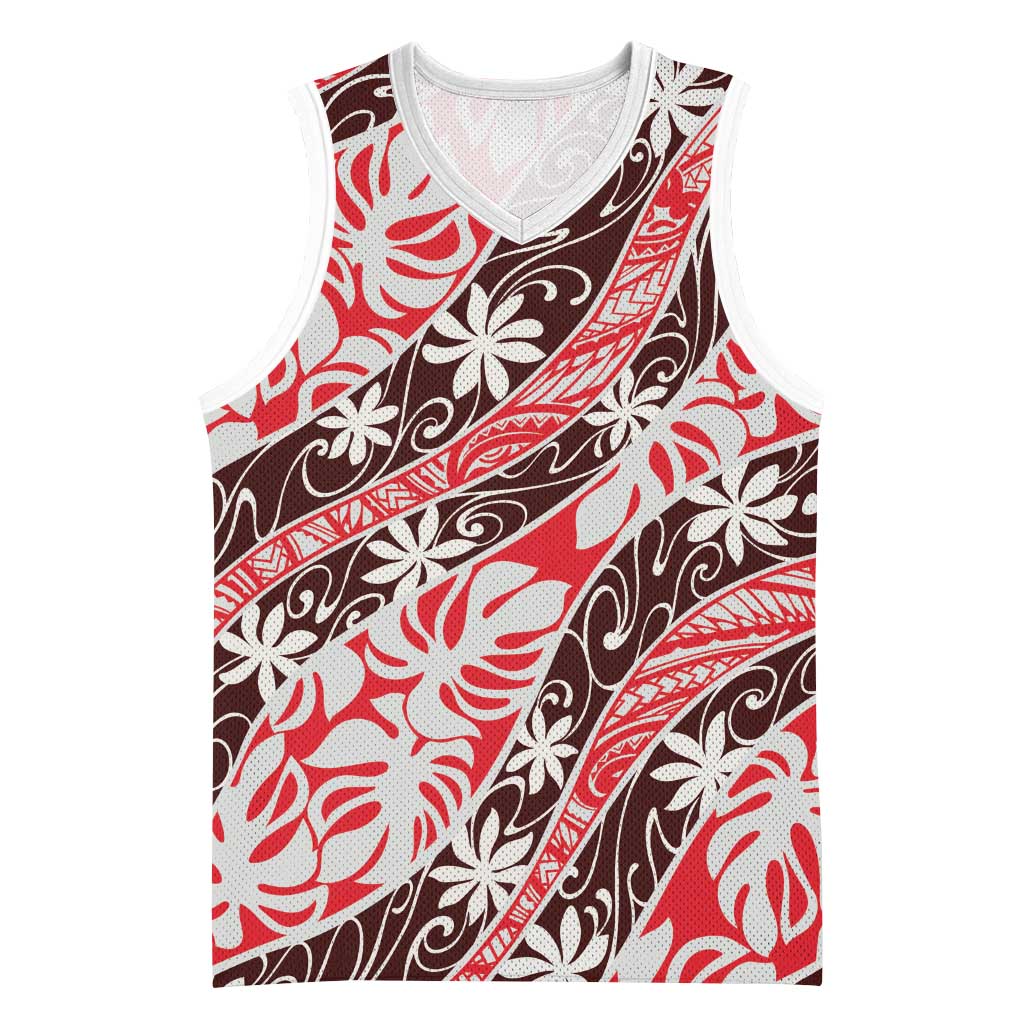 Uteute Tahiti Tiare Monstera Basketball Jersey Polynesian Pattern Curve Style LT01 Unisex Red - Polynesian Pride