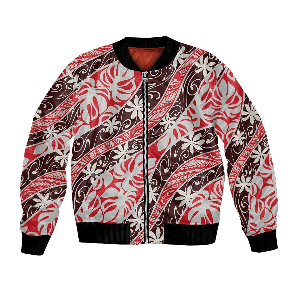 Uteute Tahiti Tiare Monstera Bomber Jacket Polynesian Pattern Curve Style LT01 Unisex Red - Polynesian Pride